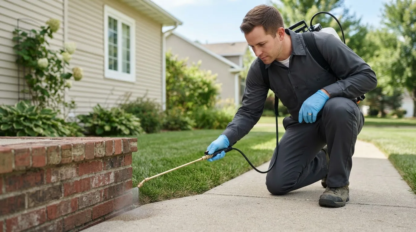 Pest control technician treating a home near Hampton Falls, NH